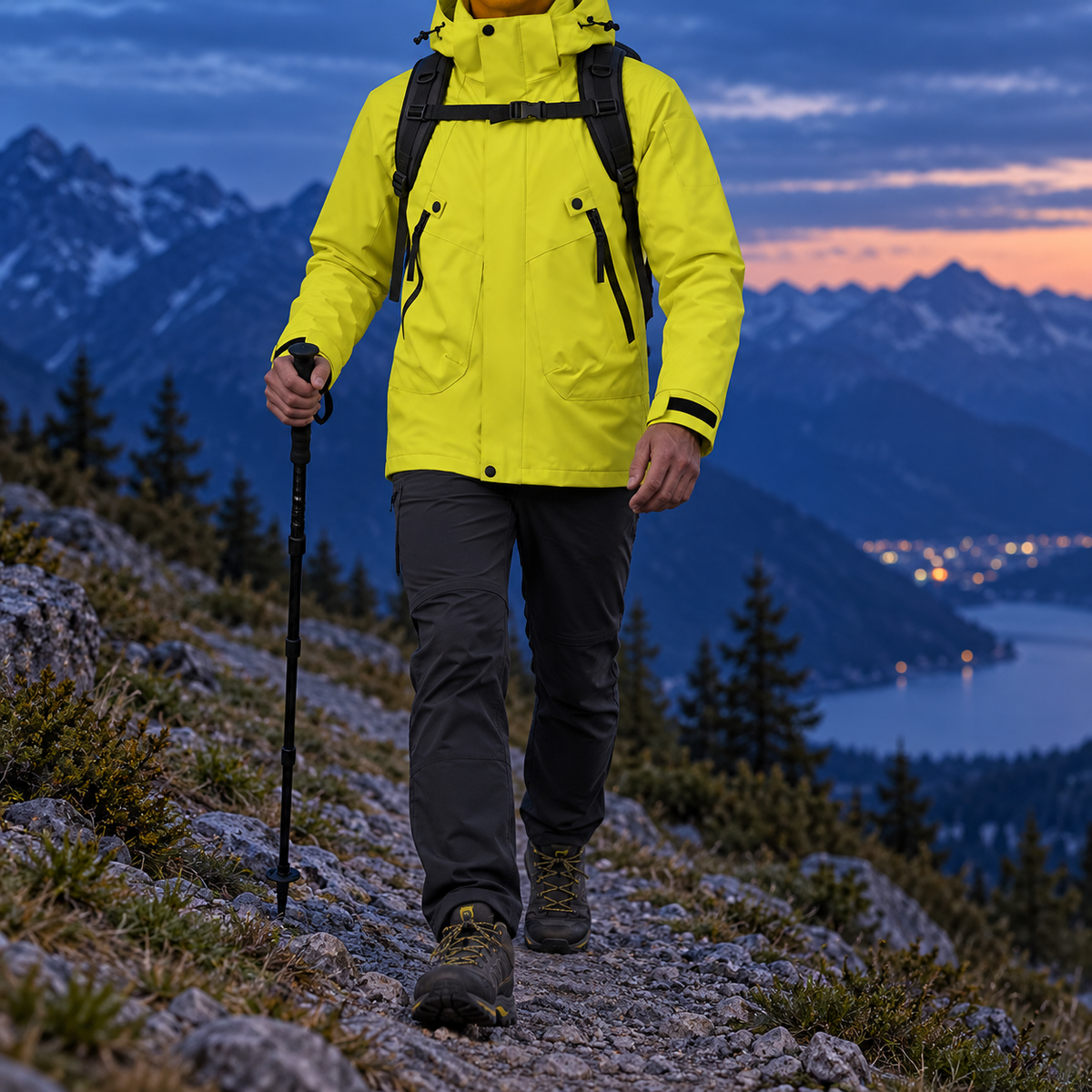 Veste randonnée fluo jaune portée sur un sentier au crépuscule