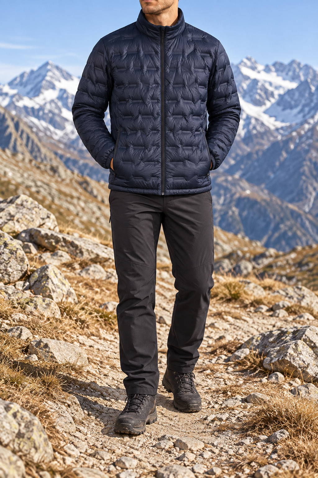 Veste randonnée froid bleue portée en montagne