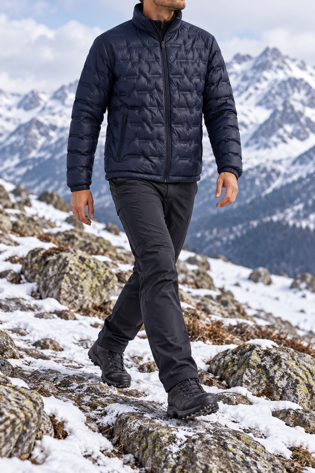 Veste randonnée froid bleue portée en mouvement