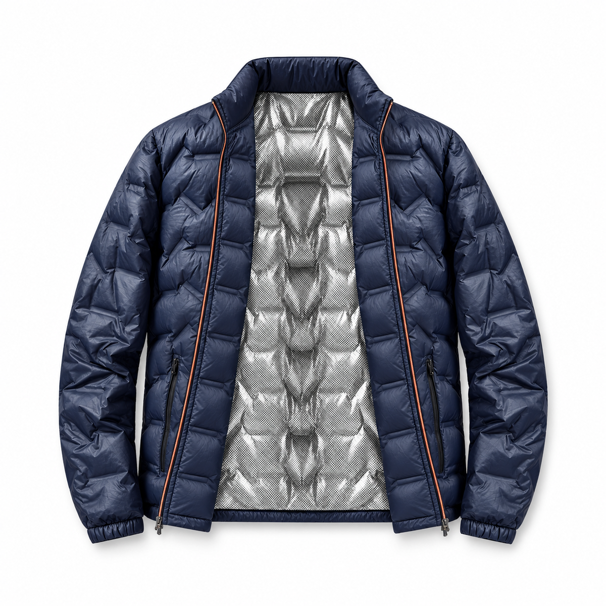 Veste randonnée froid bleue ouverte – détail doublure réfléchissante