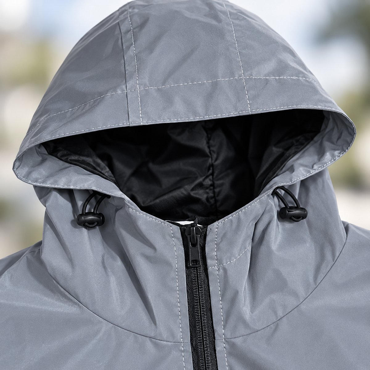 Veste randonnée grise homme – détail capuche et col