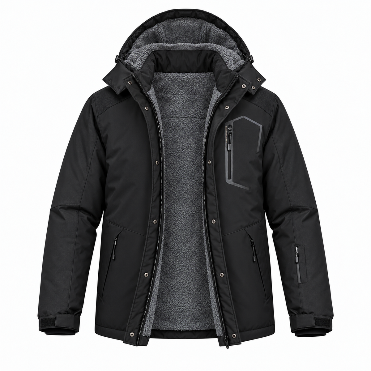 Veste randonnée haute montagne noire ouverte – détail doublure polaire