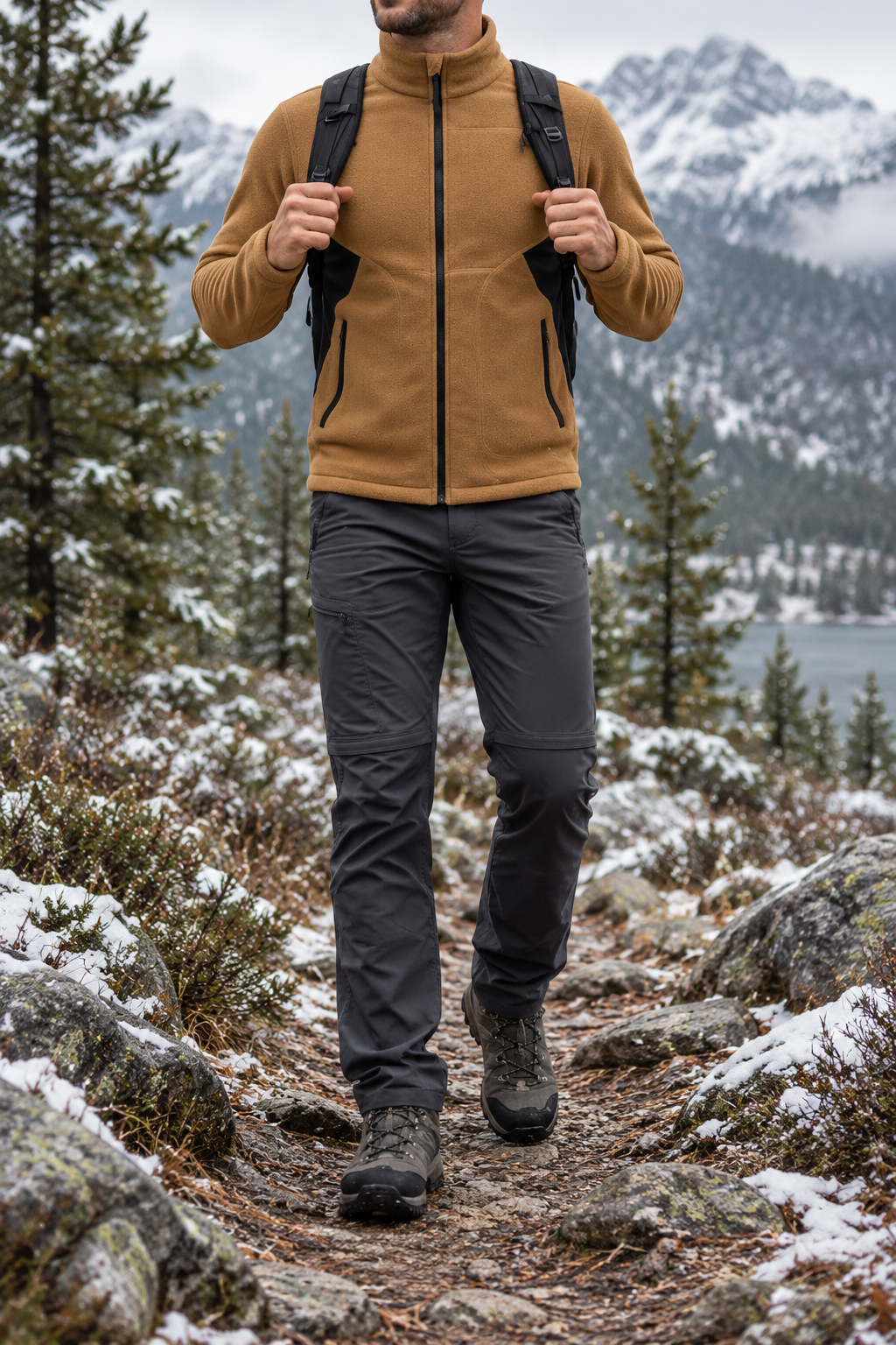 Veste randonnée homme marron portée sur sentier frais