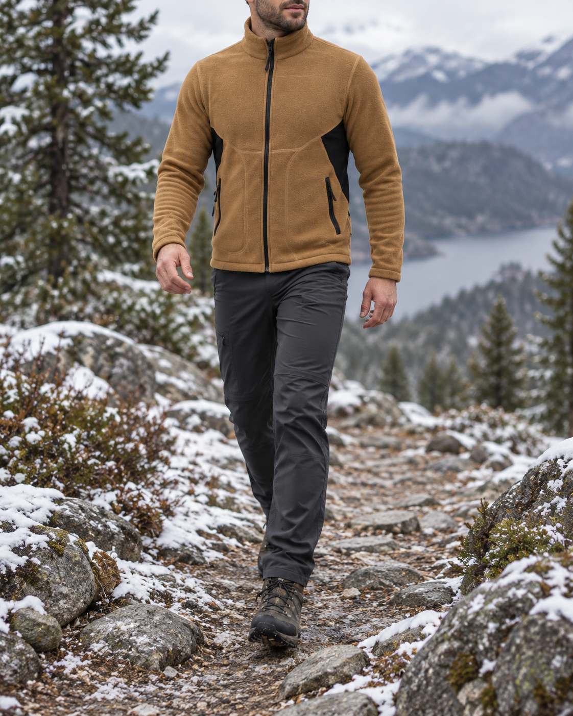 Veste randonnée homme marron portée en mouvement