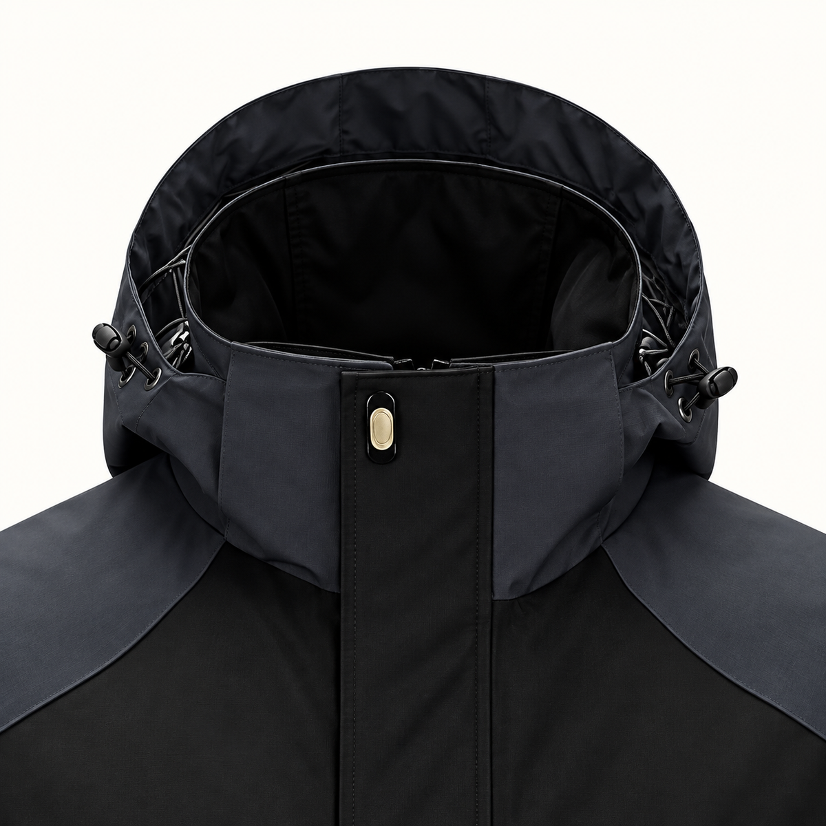 Veste randonnée imperméable ultra résistante – détail capuche et col montant