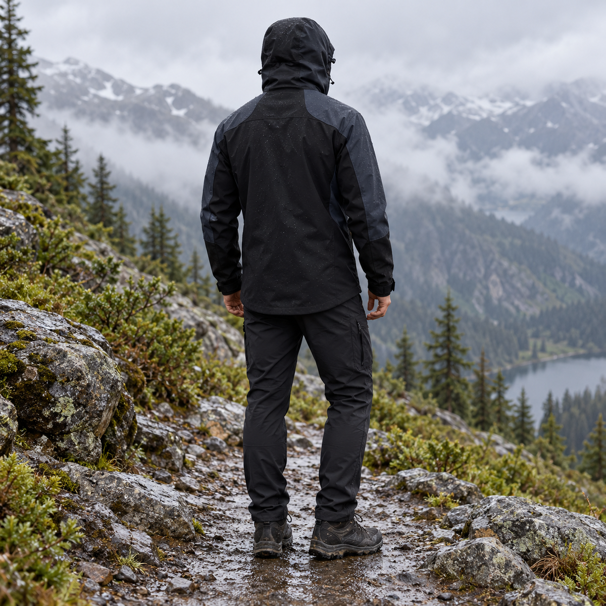 Veste randonnée imperméable ultra résistante noire – vue portée de dos