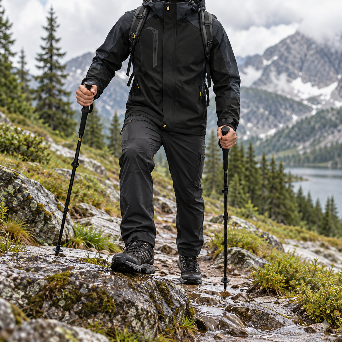 Veste randonnée imperméable ultra résistante noire portée en mouvement