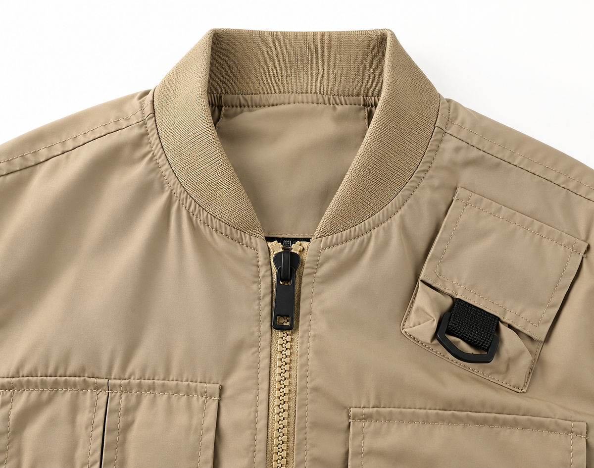 Veste randonnée beige – détail col et fermeture