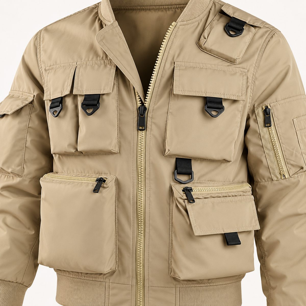 Veste randonnée beige – détail poches et attaches