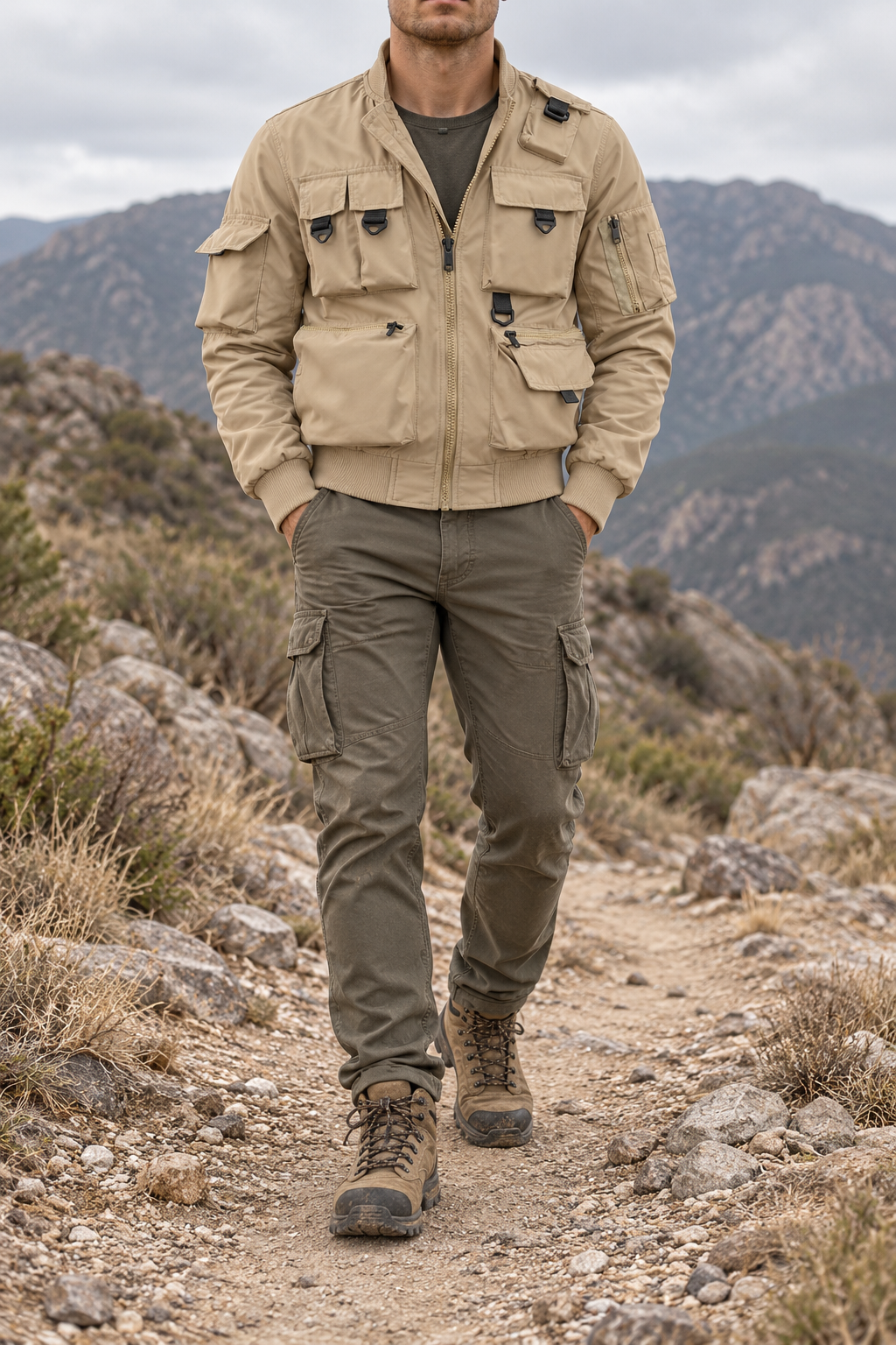 Veste randonnée beige multi-poches portée sur sentier