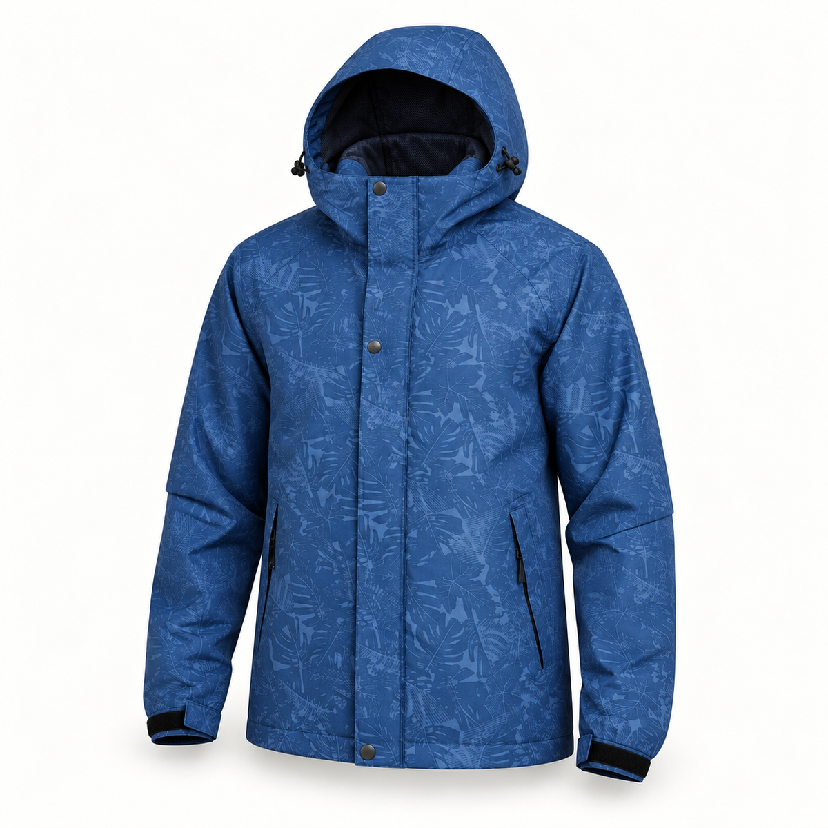 Veste randonnée printemps bleue entière – capuche et col sur fond blanc