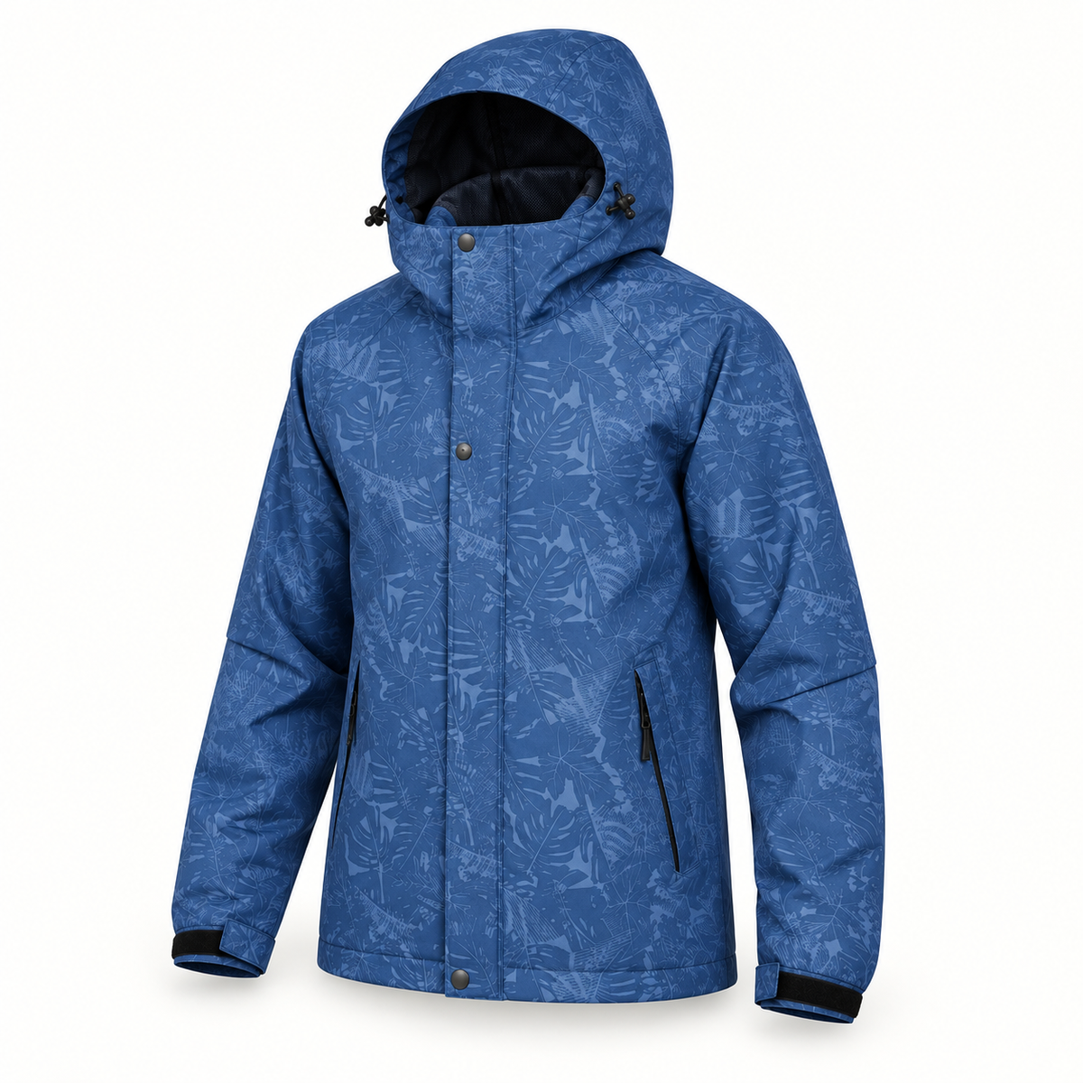 Veste randonnée printemps bleue entière – motif et matière sur fond blanc