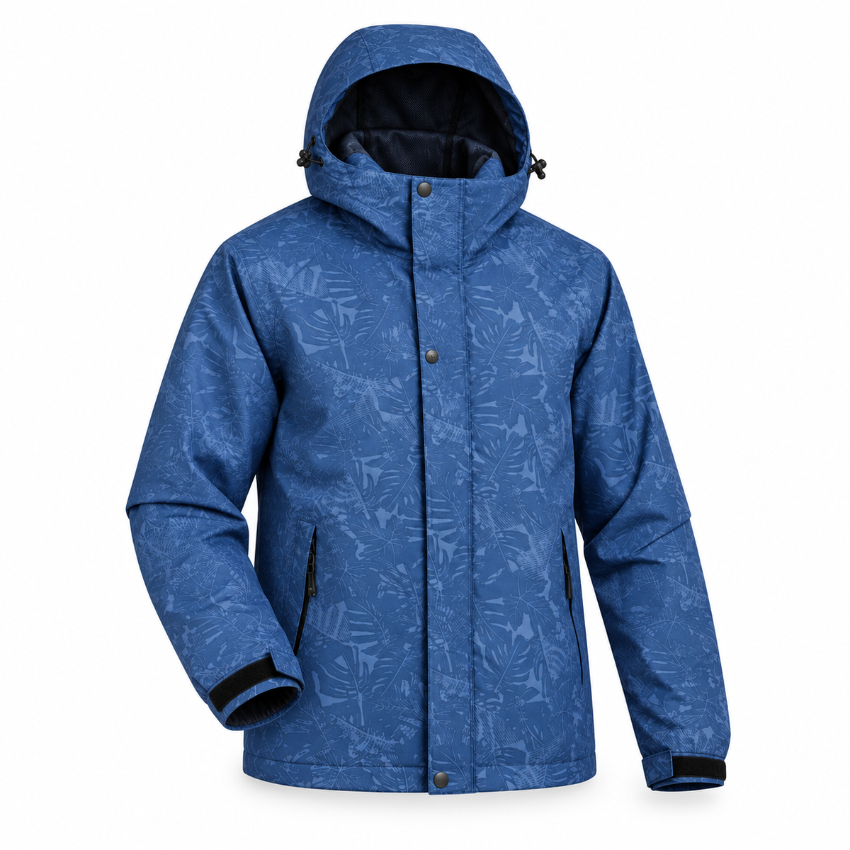 Veste randonnée printemps bleue entière – poignet ajustable sur fond blanc