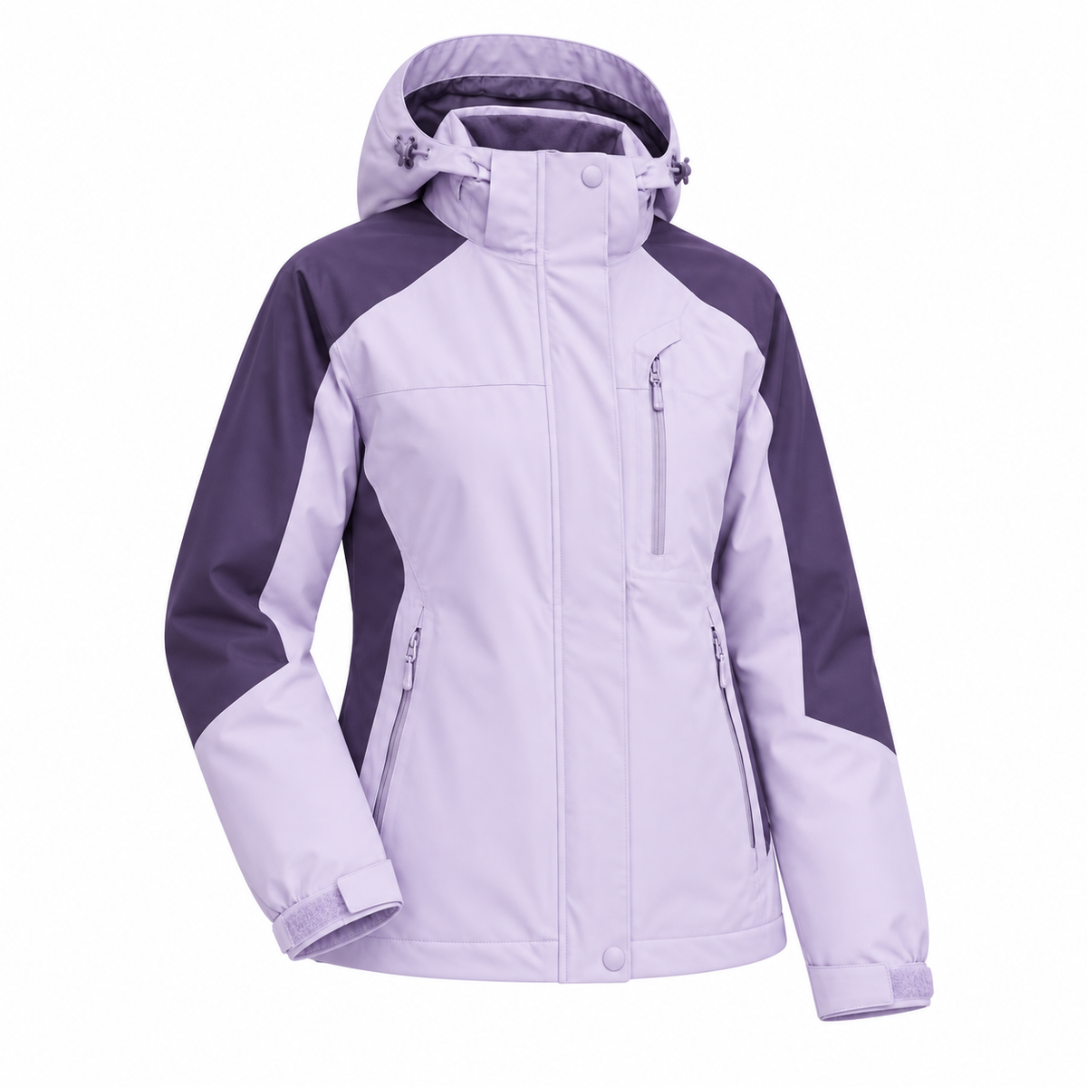 Veste randonnée raquette femme lavande entière – poignet ajustable sur fond blanc