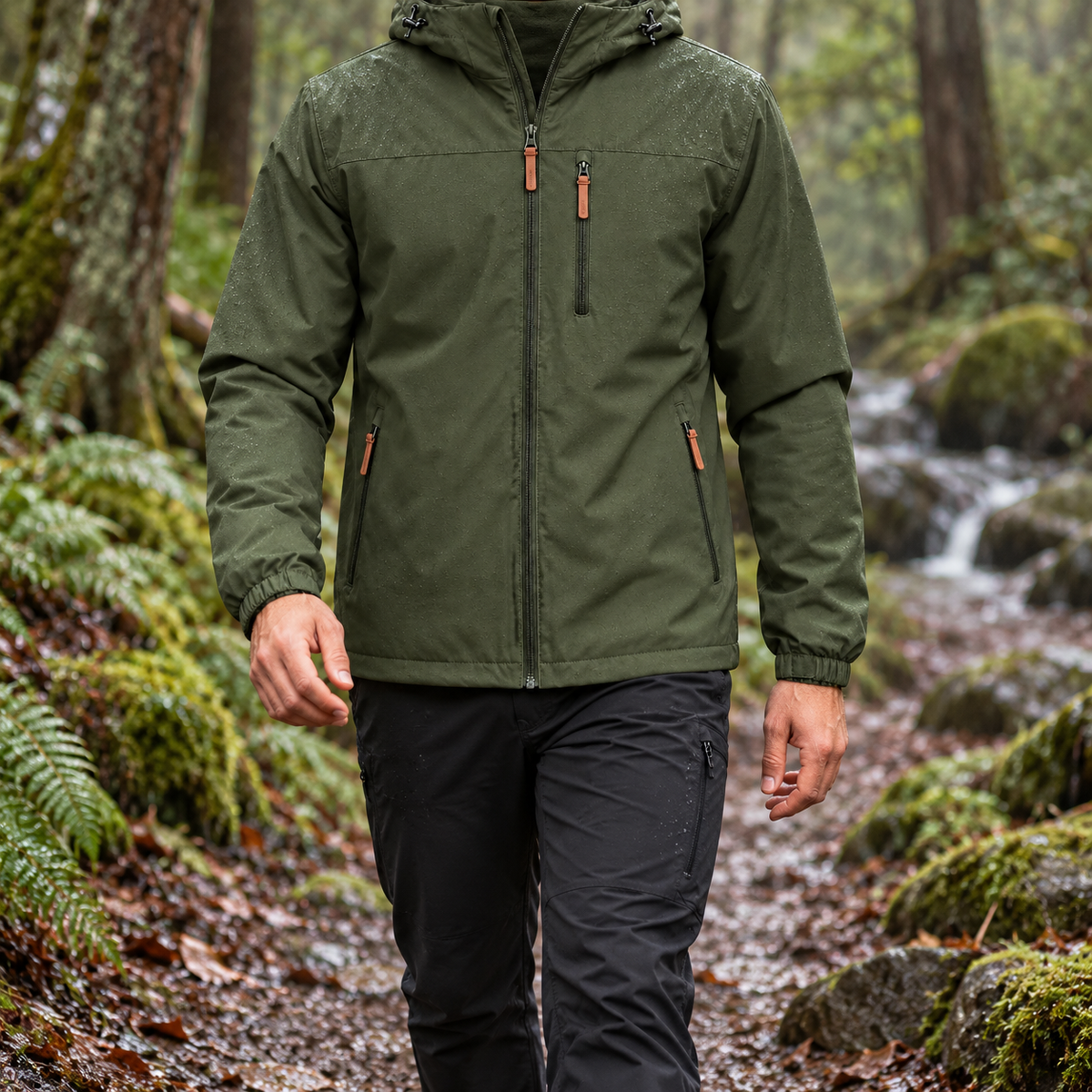 Veste randonnée softshell homme verte portée sur sentier humide