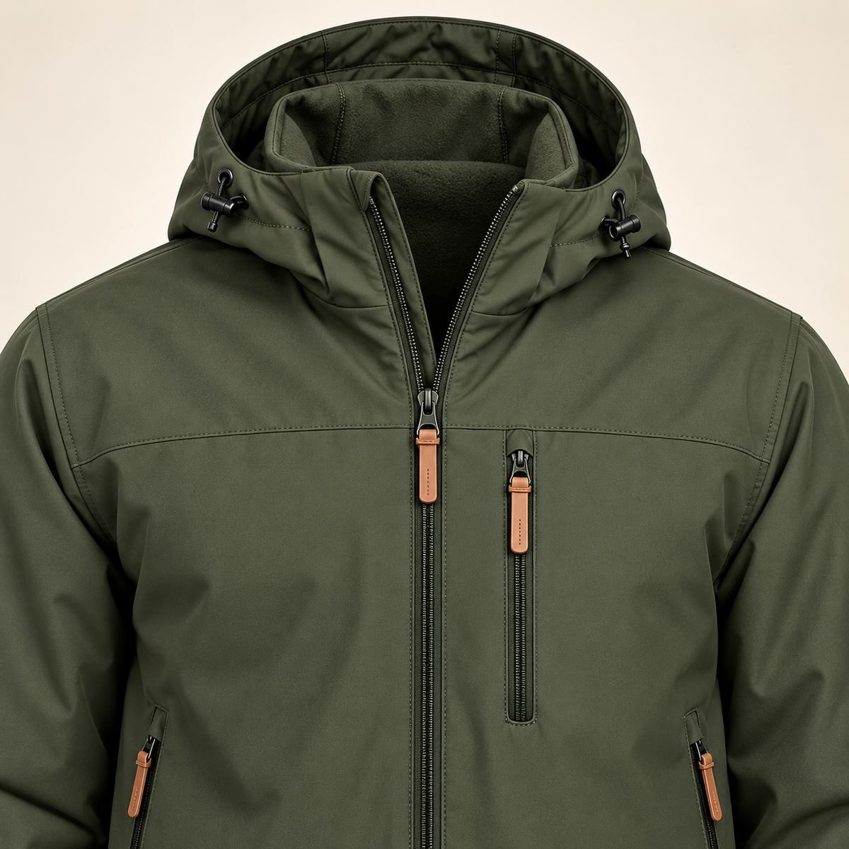 Veste randonnée softshell homme verte – détail capuche et col